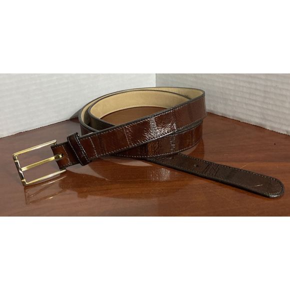Vintage 80s Pierre Cardin Brown Sea Snake Leather Belt Gold & Silver Tone Buckle - Picture 1 of 12